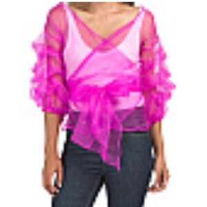 New DALIN Wrap Organza  Pink Balloon Sleeve Top